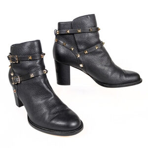 VALENTINO Garavani Black Rockstud Grainy Calfskin Heeled Moto Boot 70mm EU 40.5